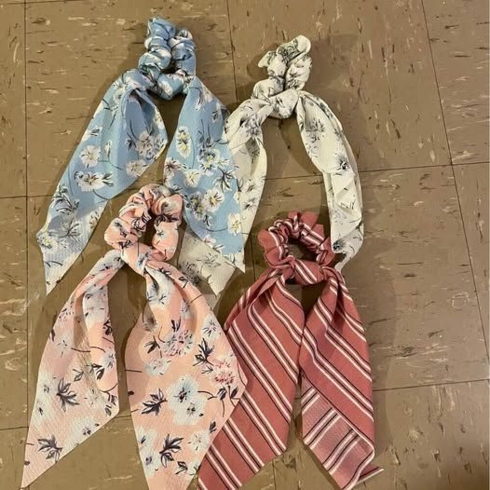 Hair Scrunchies with Floral, Striped Patterned Ribbon
